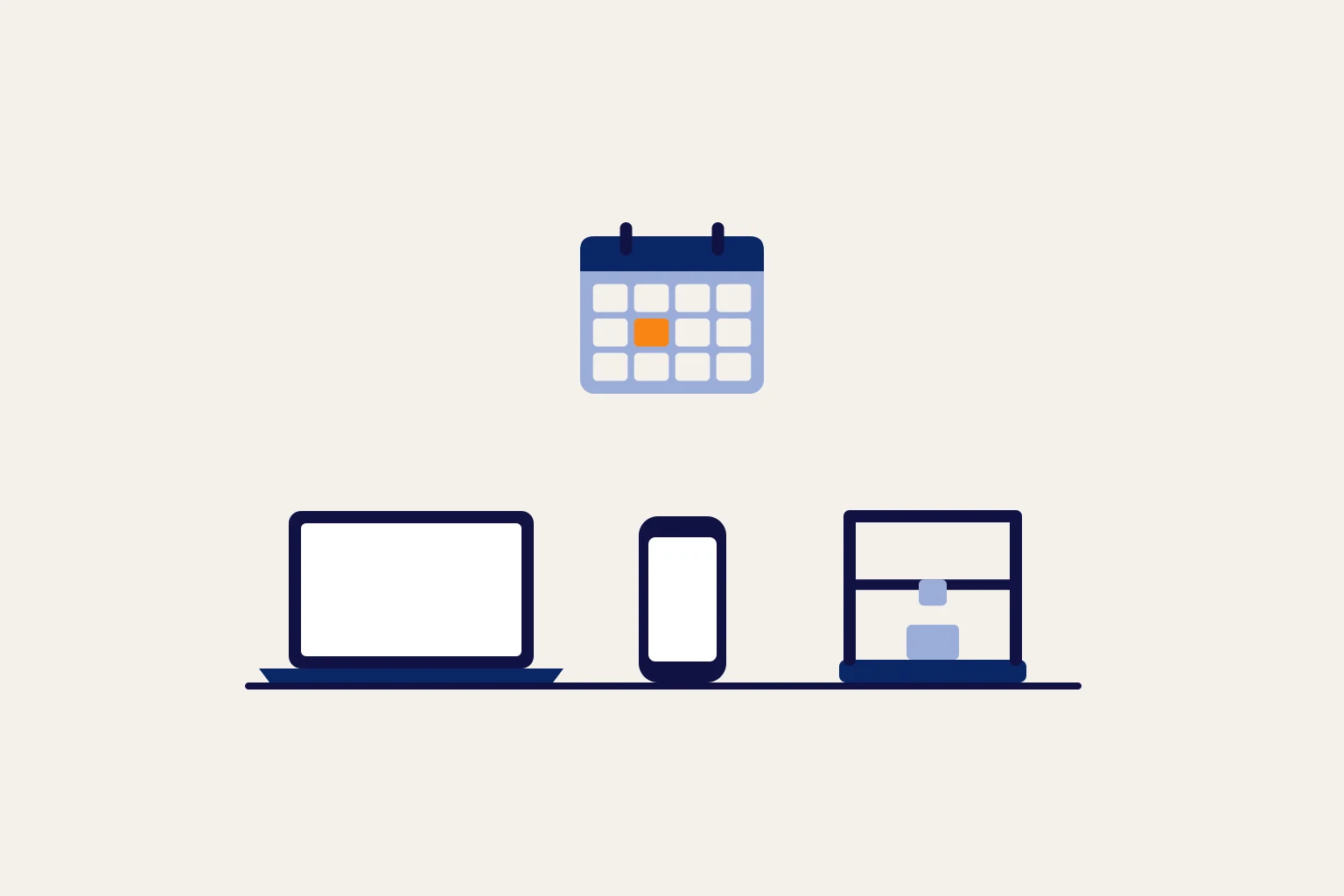 Laptop, Smartphone und eine kleine Maschine in einer Reihe, darüber ein Kalender.