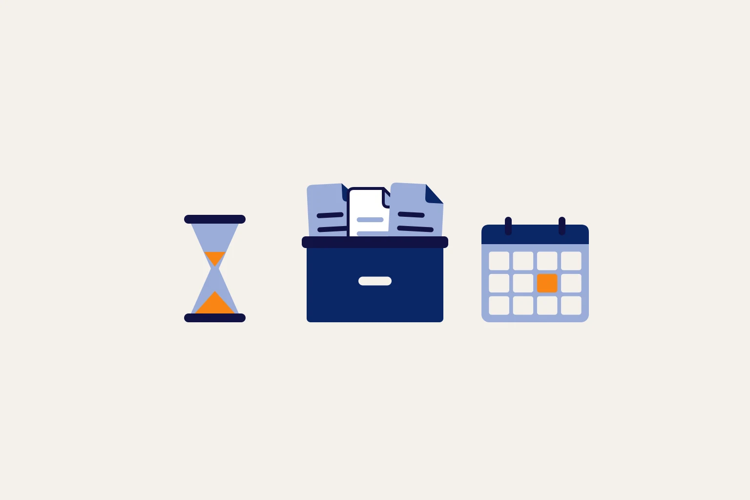 Archivbox mit Belegen, daneben eine Sanduhr und ein Kalender.