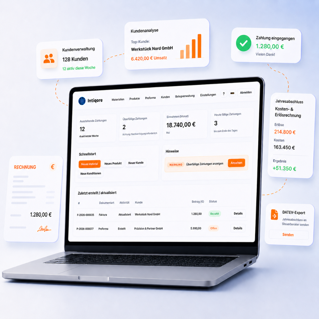 Intiqore Buchhaltungssoftware – Dashboard für Angebote, Rechnungen und Zahlungen