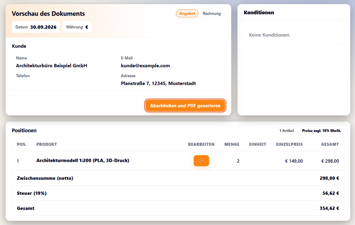 Intiqore: Angebot und Rechnung in wenigen Klicks erstellen (Demo-Daten)