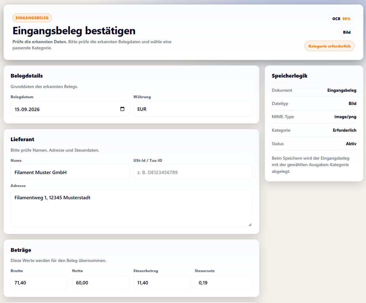 Intiqore: Eingangsbeleg wird hochgeladen und ausgelesen (Demo-Daten)